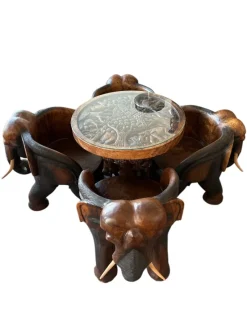Pamono Hand-Carved Wooden Elephant Table Set, Set of 5> Game Tables