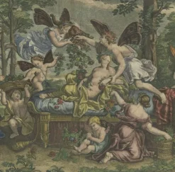 Pamono Hand-Colored Antique Engraving of Flora Lying on a Bed Surrounded by Angels><noscript><img width=