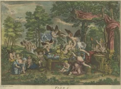 Pamono Hand-Colored Antique Engraving of Flora Lying on a Bed Surrounded by Angels><noscript><img width=