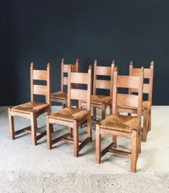 Pamono Handcrafted Oak & Rush Dining Chairs, Belgium, 1960s, Set of 6