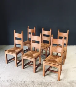 Pamono Handcrafted Oak & Rush Dining Chairs, Belgium, 1960s, Set of 6