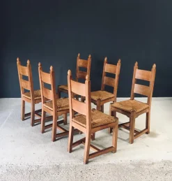Pamono Handcrafted Oak & Rush Dining Chairs, Belgium, 1960s, Set of 6