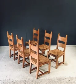 Pamono Handcrafted Oak & Rush Dining Chairs, Belgium, 1960s, Set of 6