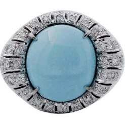 Hot Pamono Handcrafted White Gold Ring with Turquoise and Diamonds
