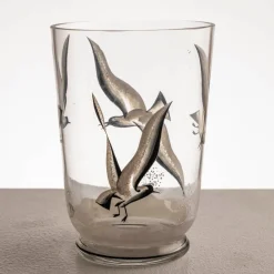Pamono Hand-Glazed Glass Vase with Seagulls in Flight, Europe, Ca. 19401960> Glassware