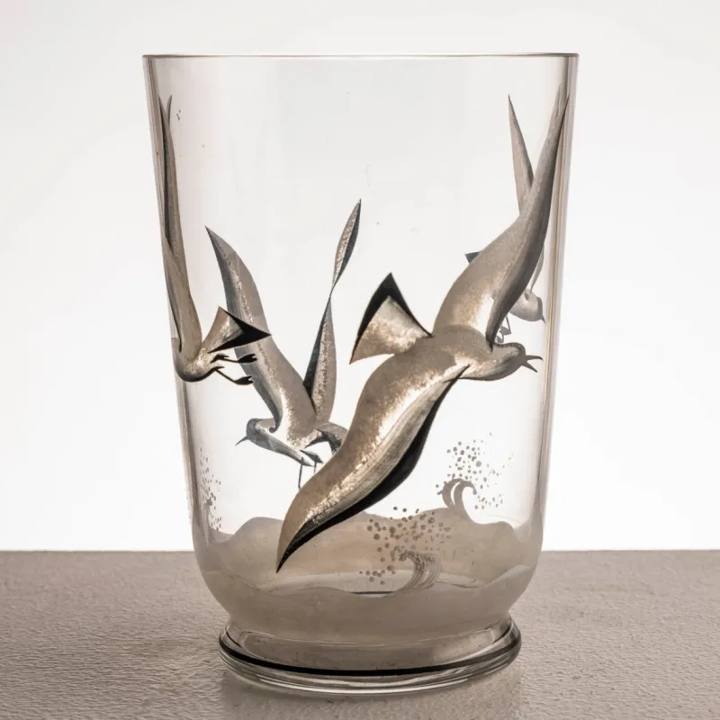 Pamono Hand-Glazed Glass Vase with Seagulls in Flight, Europe, Ca. 19401960> Glassware