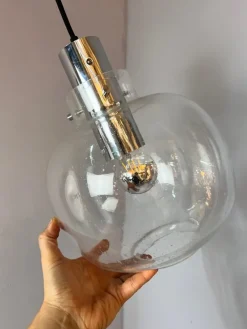 Pamono Hanging Lamp in Glass and Chrome from Glashütte Limburg><noscript><img width=