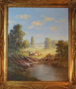 Pamono Hans Bogojevic, Lakeside Picnic, 1960s, Oil on Canvas, Framed> Impressionist