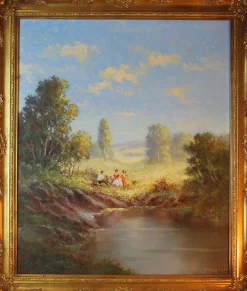 Pamono Hans Bogojevic, Lakeside Picnic, 1960s, Oil on Canvas, Framed> Impressionist