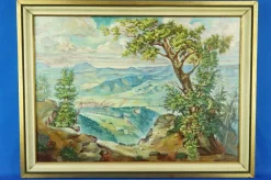 Outlet Pamono Hans Lang, Post-Impressionist City and Mountains, 1957, Oil Painting on Masonite