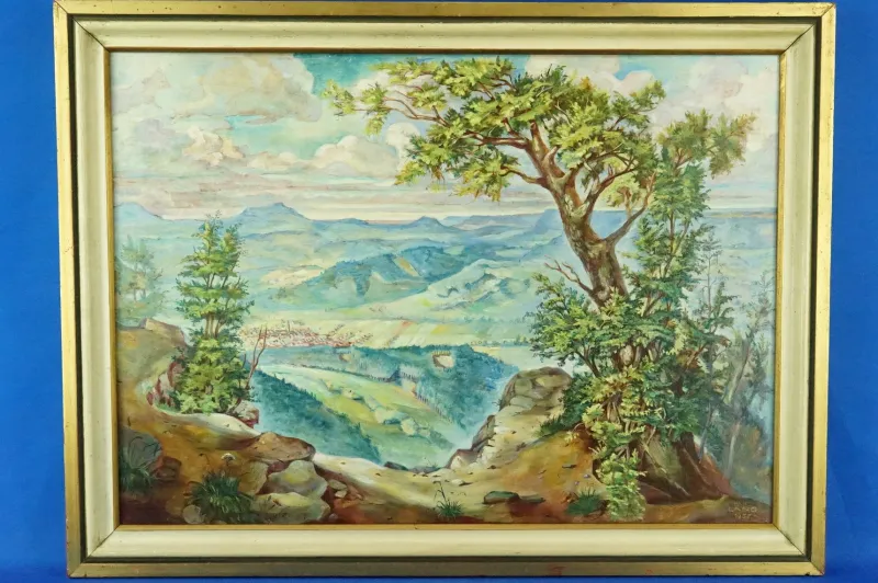 Outlet Pamono Hans Lang, Post-Impressionist City and Mountains, 1957, Oil Painting on Masonite