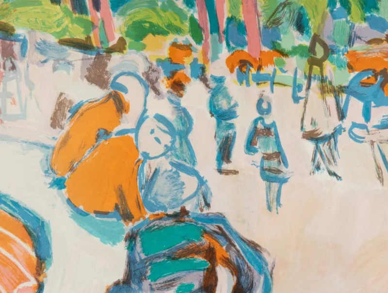Pamono Harbor Promenade, Color Lithograph> Impressionist
