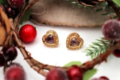 Pamono Heart-Shaped Gold Earrings with Diamond Chips and Cut Stones, Set of 2> Earrings
