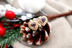 Pamono Heart-Shaped Gold Earrings with Diamond Chips and Cut Stones, Set of 2> Earrings
