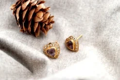 Pamono Heart-Shaped Gold Earrings with Diamond Chips and Cut Stones, Set of 2><noscript><img width=