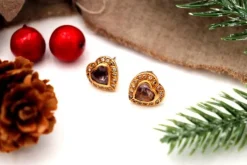 Pamono Heart-Shaped Gold Earrings with Diamond Chips and Cut Stones, Set of 2><noscript><img width=
