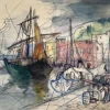 Pamono Heinrich Heuser, Unfinished Study of a Harbor View, Port of Ischia, 1950, Watercolor> Impressionist