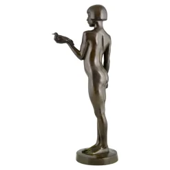 Hot Pamono Henry Arnold, Art Deco Sculpture of Nude Girl with Dove, 1928, Bronze