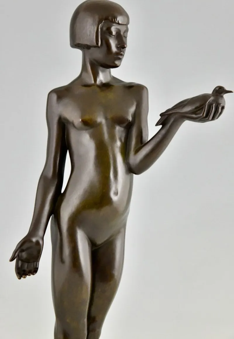 Hot Pamono Henry Arnold, Art Deco Sculpture of Nude Girl with Dove, 1928, Bronze