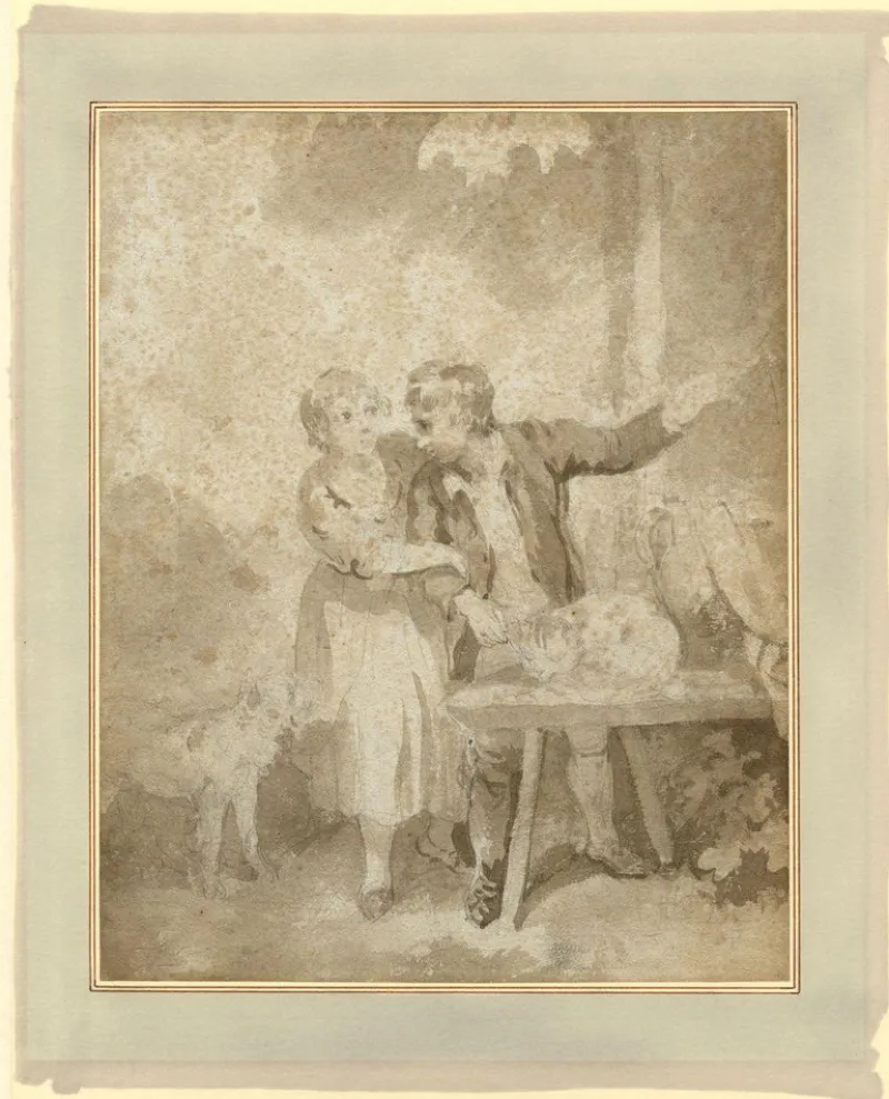 Pamono Henry Howard RA, Boy & Girl with Pet Cat & Dog, Early 19th Century, Brown Wash Drawing> Old Masters
