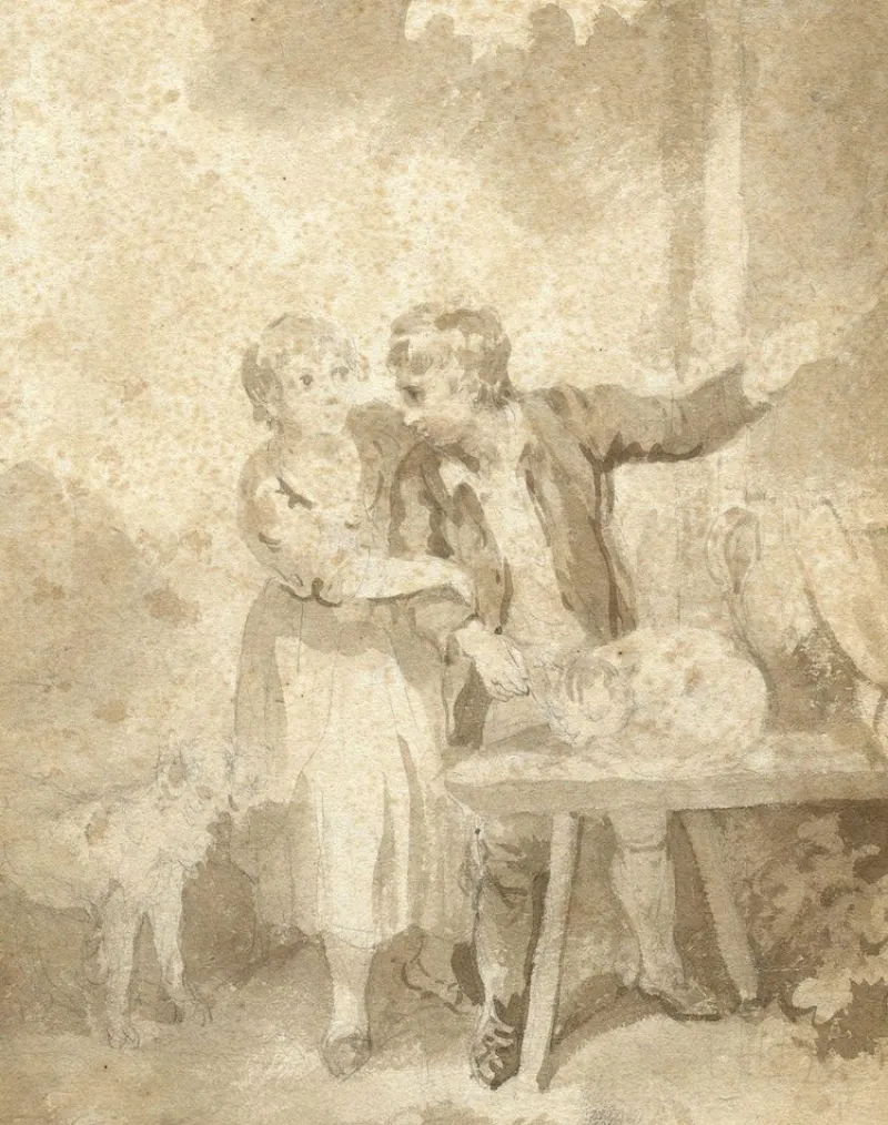 Pamono Henry Howard RA, Boy & Girl with Pet Cat & Dog, Early 19th Century, Brown Wash Drawing> Old Masters