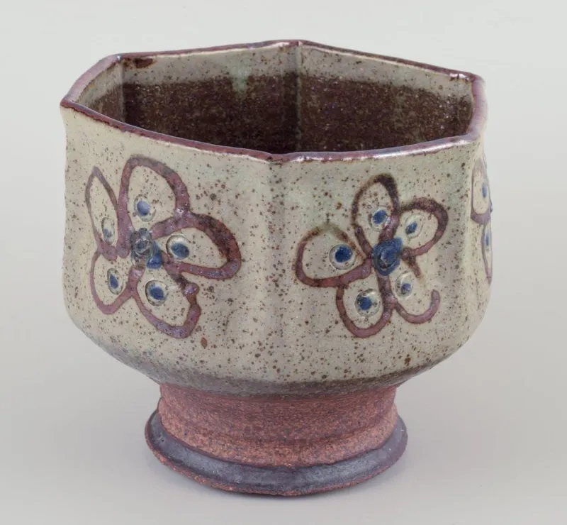 Pamono Hexagonal Ceramic Vase in Raku Technique from Birgit Krog, 1970s> Vases