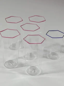 Hot Pamono Hexagonal Glasses in Blown Murano Glass Cobalt and Red Rim by Carlo Scarpa, 1950s, Set of 7