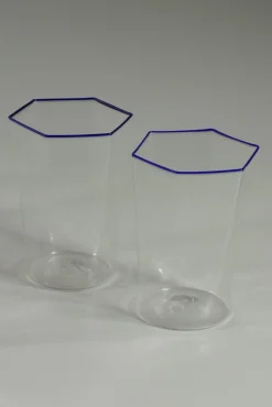 Hot Pamono Hexagonal Glasses in Blown Murano Glass Cobalt and Red Rim by Carlo Scarpa, 1950s, Set of 7
