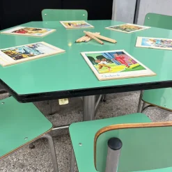 Pamono Hexagonal Nursery Table with Formica Chairs, Italy, 1960s, Set of 7><noscript><img width=