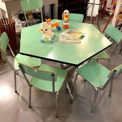 Pamono Hexagonal Nursery Table with Formica Chairs, Italy, 1960s, Set of 7><noscript><img width=