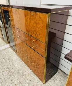 Pamono High Sideboard in Radica and Gilded Metal, 1970s><noscript><img width=