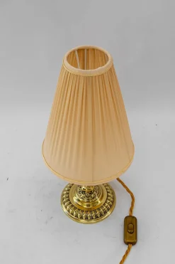 Pamono Historistic Brass Table Lamp with Fabric Shade, Vienna, 1890s> Table Lamps