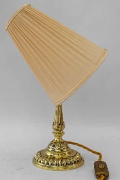 Pamono Historistic Brass Table Lamp with Fabric Shade, Vienna, 1890s><noscript><img width=