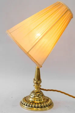 Pamono Historistic Brass Table Lamp with Fabric Shade, Vienna, 1890s><noscript><img width=