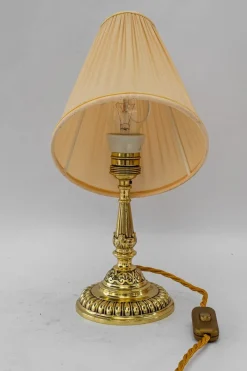 Pamono Historistic Brass Table Lamp with Fabric Shade, Vienna, 1890s><noscript><img width=