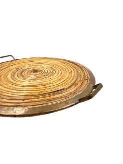 Best Pamono Hollywood Regency Brass and Wicker Tray, Italy, 1970s