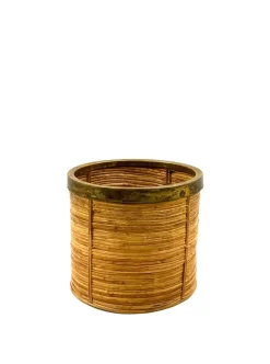 Outlet Pamono Hollywood Regency Brass and Wicker Paper Basket, Italy, 1970s