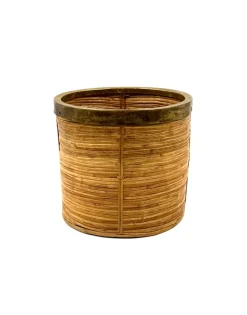 Outlet Pamono Hollywood Regency Brass and Wicker Paper Basket, Italy, 1970s