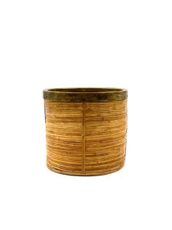 Outlet Pamono Hollywood Regency Brass and Wicker Paper Basket, Italy, 1970s