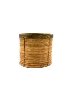Outlet Pamono Hollywood Regency Brass and Wicker Paper Basket, Italy, 1970s