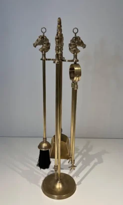 Discount Pamono Horse Head Fire Tools in Brass in the style of the Maison Jansen, 1950s, Set of 5