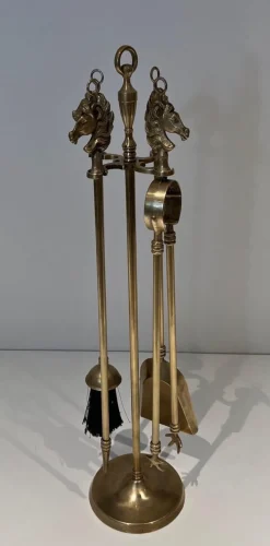 Discount Pamono Horse Head Fire Tools in Brass in the style of the Maison Jansen, 1950s, Set of 5