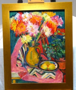 Pamono Huguette Baudrot, Ochre Vase and Orange Flowers, 1950s, Oil on Canvas> Contemporary|Painting