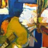 Pamono Huguette Baudrot, Still Life with Guitar, Oil on Canvas, Framed> Contemporary|Painting