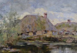 Outlet Pamono Impressionist Artist, Thatched Cottage by Stream, 1890s-1910s, Oil on Canvas