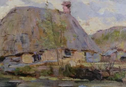 Outlet Pamono Impressionist Artist, Thatched Cottage by Stream, 1890s-1910s, Oil on Canvas