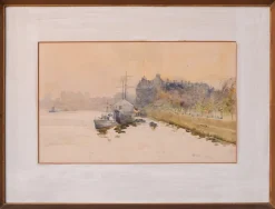Discount Pamono Impressionist Temple Pier London, 1910s, Watercolour on Canvas, Framed