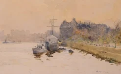 Discount Pamono Impressionist Temple Pier London, 1910s, Watercolour on Canvas, Framed