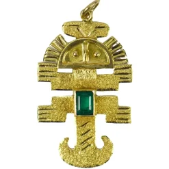 Pamono Inca God Icon 18k Yellow Gold Emerald Charm Pendant, 1960s> Necklaces