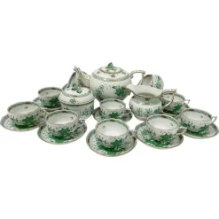 Pamono Indian Basket Green Pattern Porcelain Tea Service for 12 from Herend, Hungary, 1930s, Set of 27> Coffee & Tea Service